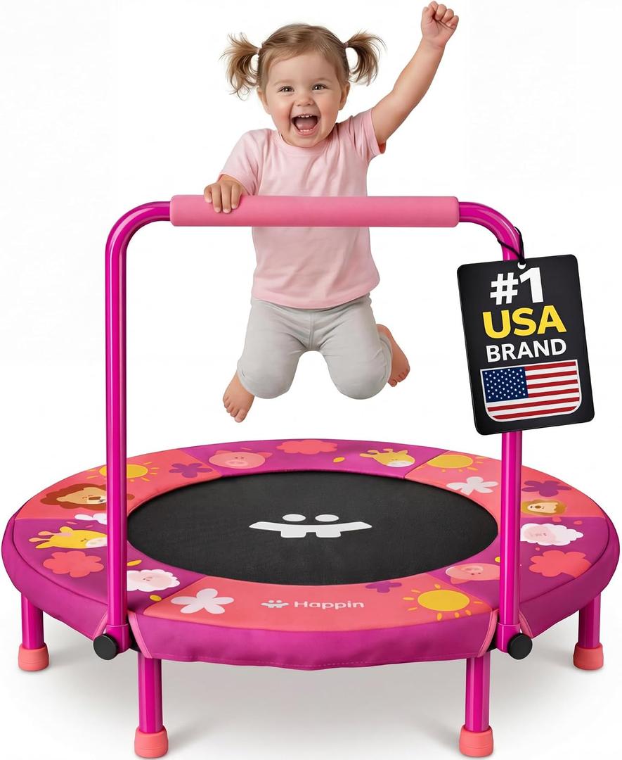Happin 36'' Toddler Trampoline Indoor, Foldable Mini Trampoline for Kids Ages 2-6, ASTM Certified, Adjustable Handle, Safety Pad for Indoor & Outdoor, Baby Trampolines, for Boy & Girl