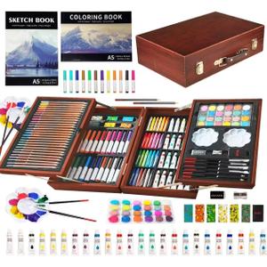 KINSPORY Art Sets, 139 Pack Painting Drawing Art Supplies Kit with 2 Sketch Pads, Deluxe Double Layers Crafts, Colored Pencils, Oil Pastels, Watercolor Paints, Gift for Artists Kids (Brown)