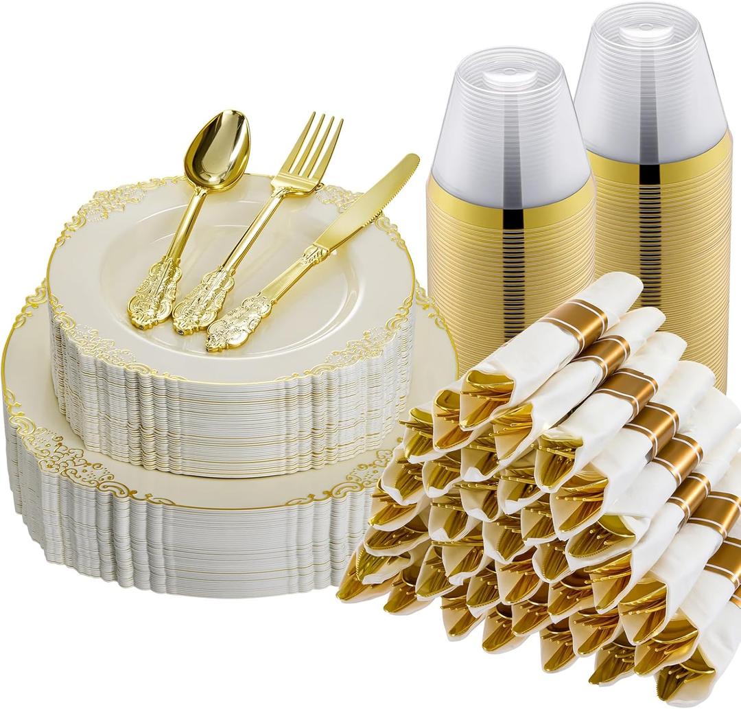Bestluck 175PCS Ivory Plastic Plates for 25 Guests Disposable Dinnerware Sets Include 50 Plastic Plates, 25 Silverwares, 25 Cups, and 25 Pre Rolled Napkins for Party, Wedding and Graduation