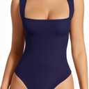 MANGOPOP Women's Square Neck Tank Top Bodysuit Sexy Double Lined Sleeveless Thong Body Suits Going Out Tops (03 Sleeveless Deep Blue, XL)