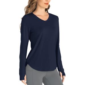 Hiverlay Long Sleeve Workout Shirts for Women V Neck UPF 50+ Athletic Shirts with Thumbhole Running Loose Active T-Shirts Navy Blue XXL (Blue, XXL)