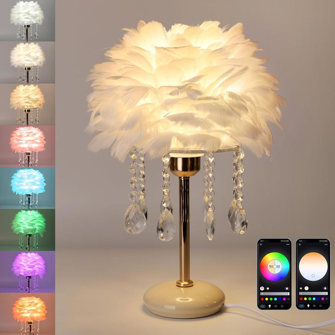 Smart Feather Lamp Enchanting RGB Dimmable Crystal Table Lamp Cute Princess Desk Light Small LED Bedside Lamp for Girls Room (White)