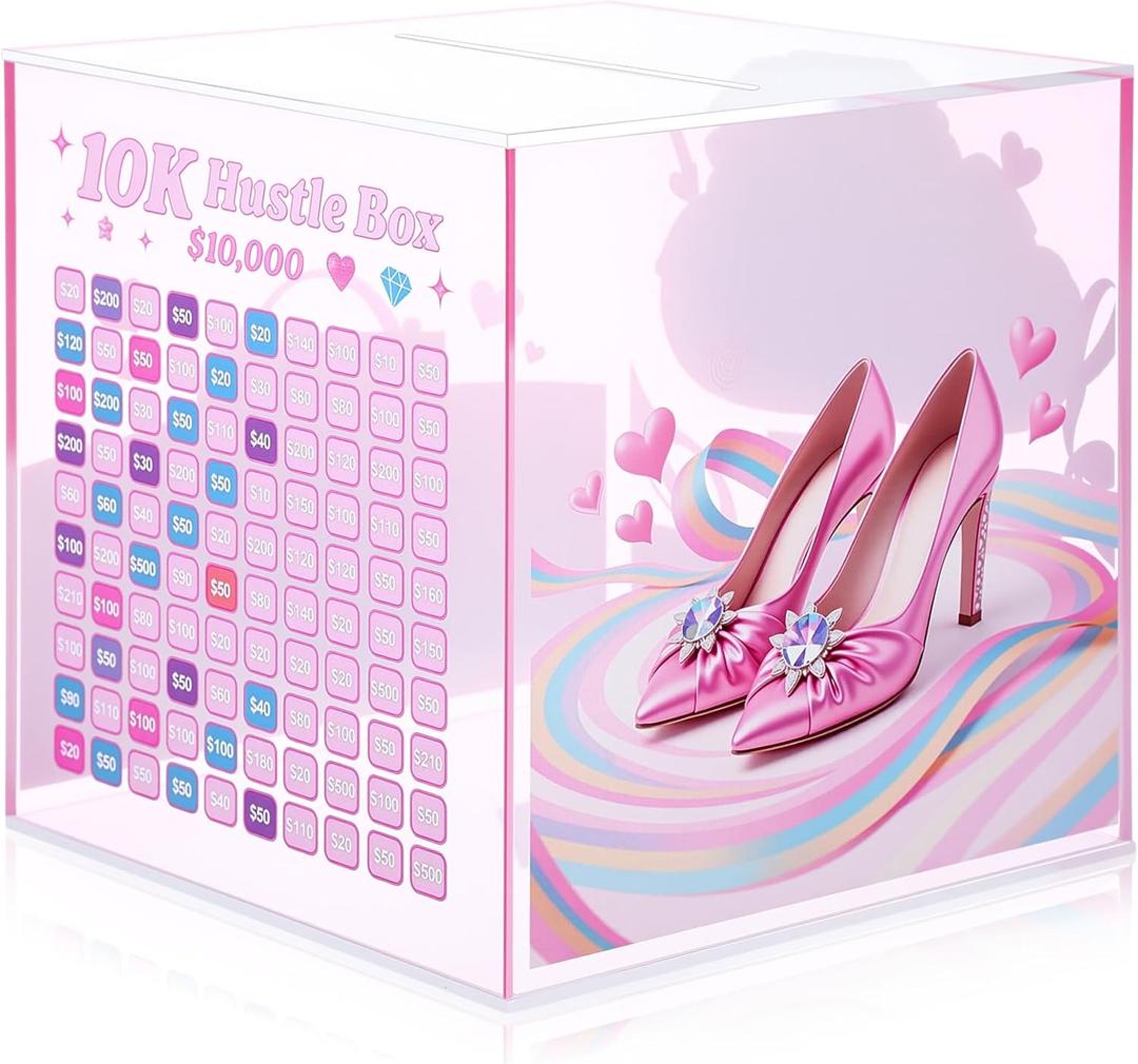 Hiboom 10k Hustle Box Money Saving Challenge 6.7 x 6.7 x 6.7 Inch Clear Acrylic Piggy Bank for Adults Woman Break to Open Pink Cash Vault Piggy Bank for Money Savings Cash and Coin Storage Box