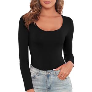 Women's Lightweight Casual Body Suits Long Sleeve Scoop Neck Slim Fitted Basic Bodysuit Shirt (Large, Black)