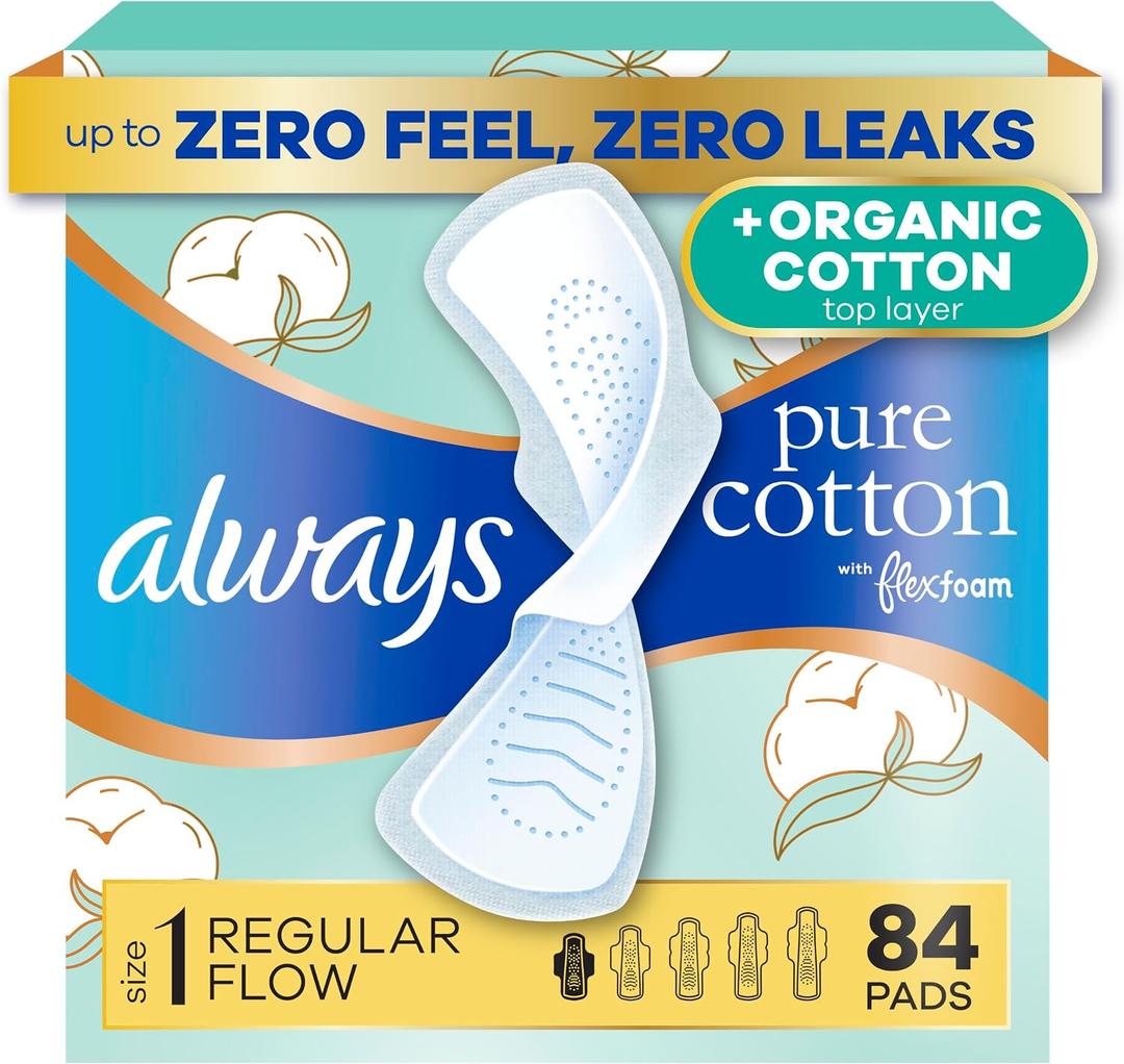 Always Pure Cotton, organic cotton top layer pads for women with wings, feminine care, period, menstrual, sanitary, postpartum, toallas sanitarias para mujer, Size 1 Regular Absorbency, Unscented 84ct