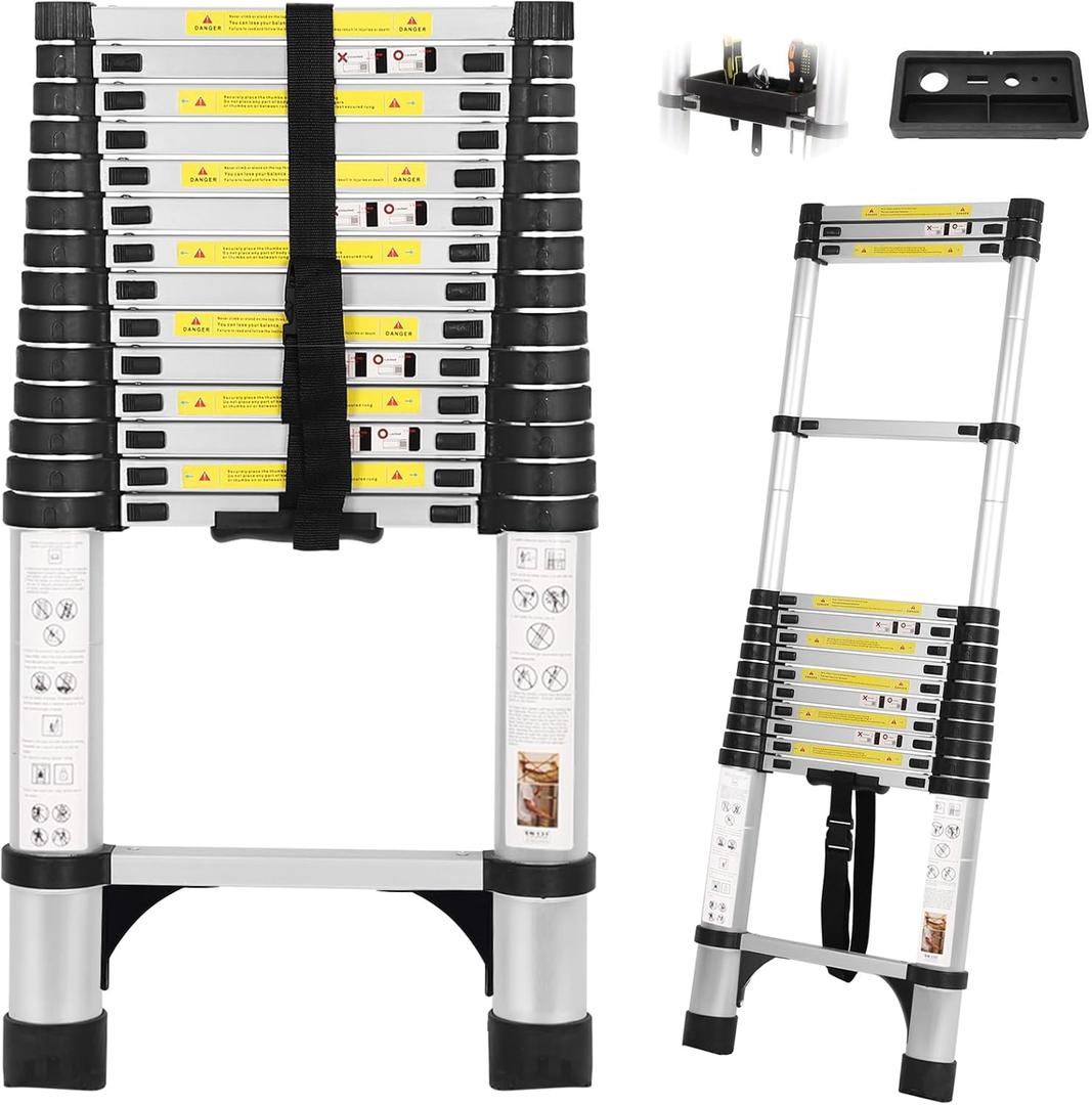14.5FT Telescoping Ladder with Tool Tray, Extension Aluminum Folding Ladders Collapsible Ladder, Telescopic Ladders Foldable Extendable Ladder for Home Homeuse RV Attic Roof