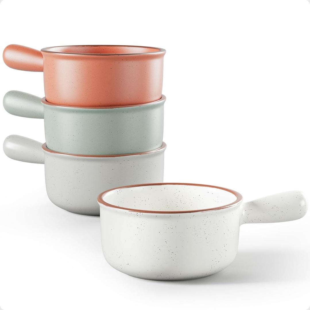 Ceramic Soup Bowls With Handles Set of 4 - 15 oz French Onion Soup Bowls Oven Safe - Dishwasher, Microwave & Oven Safe Bowl Set for Chili, Gumbo, Chowder - Soup Bowl With Handle - French Onion Crock