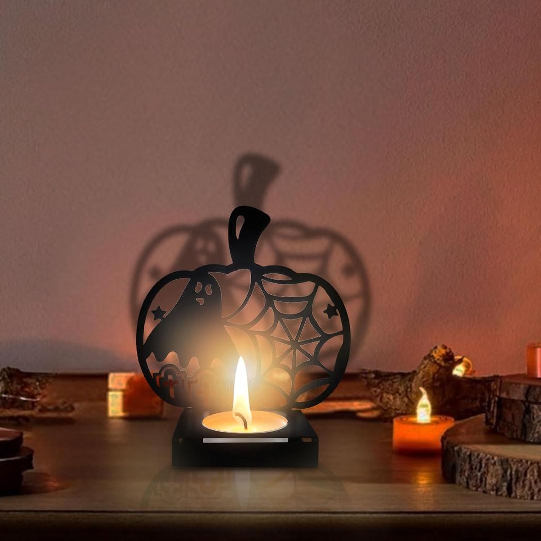 2 x ABTOLS Halloween Shadow Candles Holder, Spooky Black Ghost Spider Web Tealight Candle Holders with Shadow Vintage Scary Pumpkin Shape Candle Centerpiece Stands for Home Indoor Party Decor