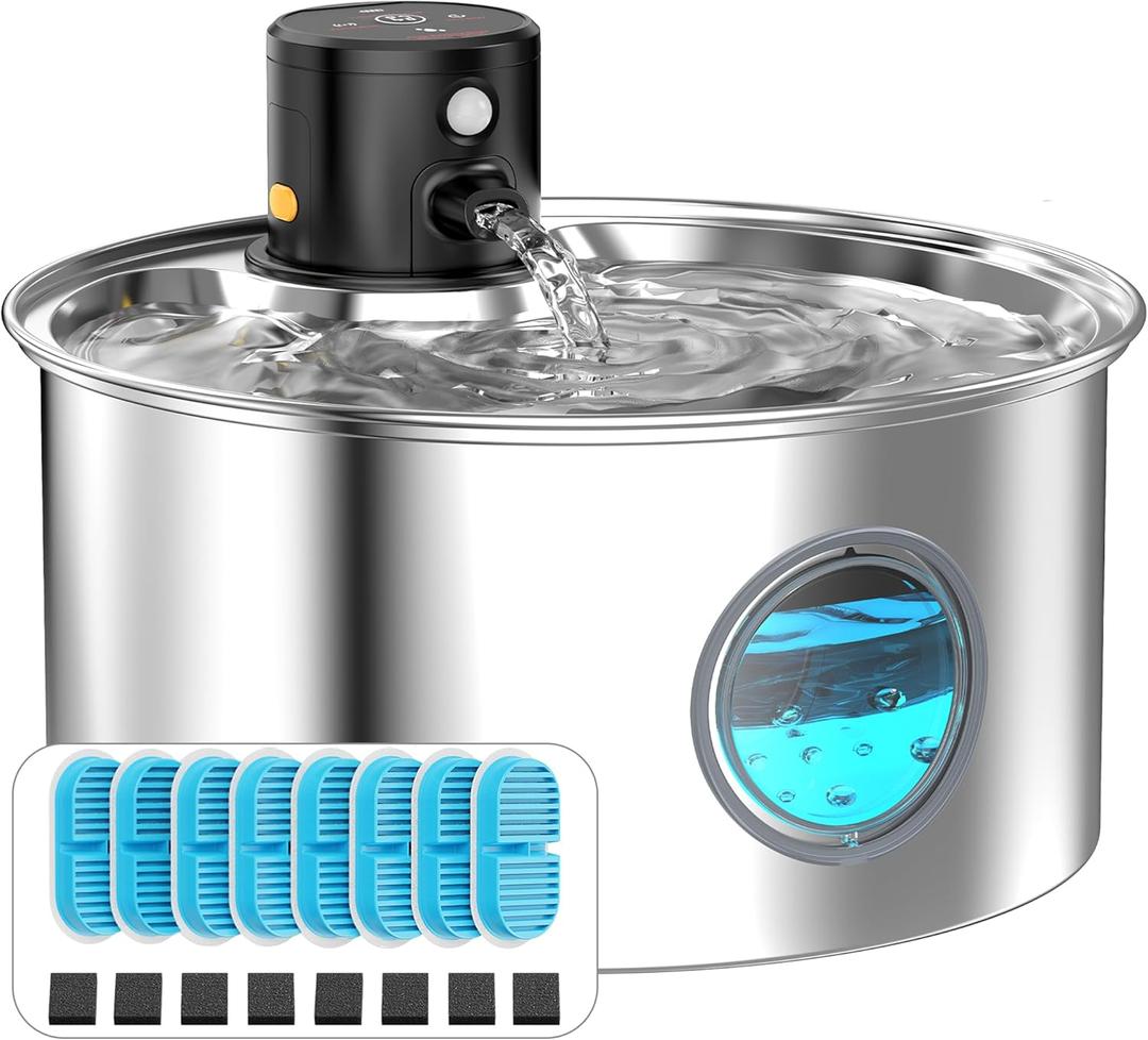 Cat Water Fountain with Motion Sensor: Rechargeable Cat Fountain Wireless - Metal Pet Water Fountain Powered by 4000 mAh Battery - 108oz/3.2L Cordless Animals Water Fountain Inductor -16 Filters