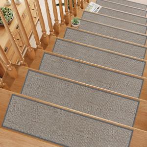 Tiveney Stair Treads Non Slip 15PCS 8"x30" Linen Stair Runner, Self-Adhesive Peel and Stick Stair Treads for Wooden Steps, Washable Anti-Slip Backing Indoor Staircase Step Treads for Kids Elders Dogs
