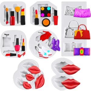 7 Pieces Valentine Silicone Molds Makeup Theme Silicone Molds for Cake Chocolate Kiss Lipstick Perfume High Heels 3D Fondant Mold for Decorating Resin Handcraft DIY Supplies