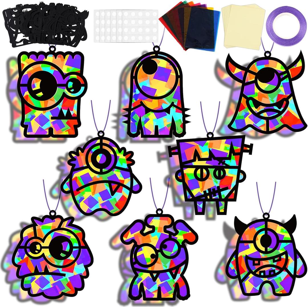 32 Sets Halloween Monster Suncatchers Craft Kit DIY Window Stained Glass Effect Halloween Monster Paper Crafts Home School Classroom Decoration Kid Birthday Gift Creative Art Project Activity Game