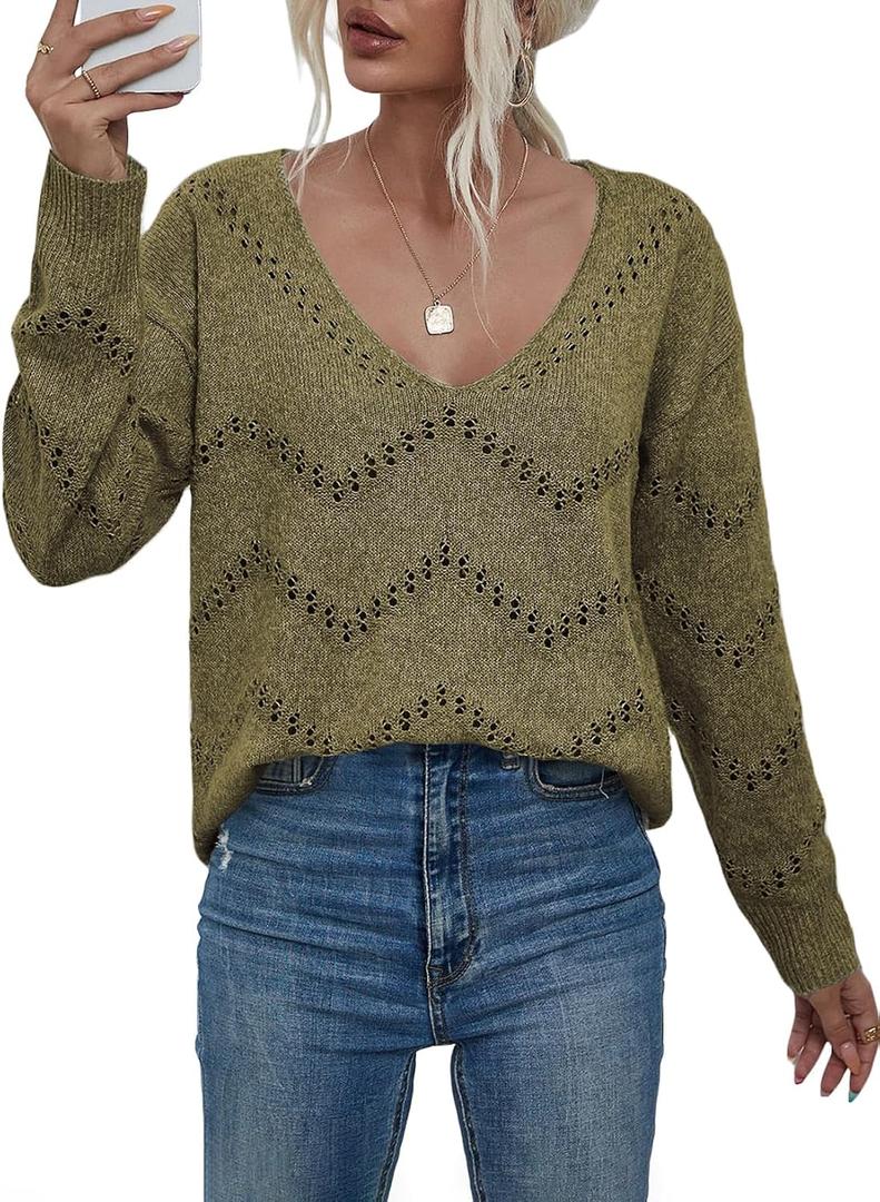 EVALESS Women's Crochet Sweater Top Hollow Out Long Sleeve Pullover Tops Fall Outfits Fashion 2025 (Green, XXL)