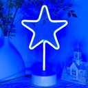 Star Neon Sign Neon Blue Light, USB/Battery Operated LED Sign with Base Stand Star Table Lamp for Night, Blue Christmas Wedding Birthday Decor for Room Bedroom Nursery Classroom Desk Shelf