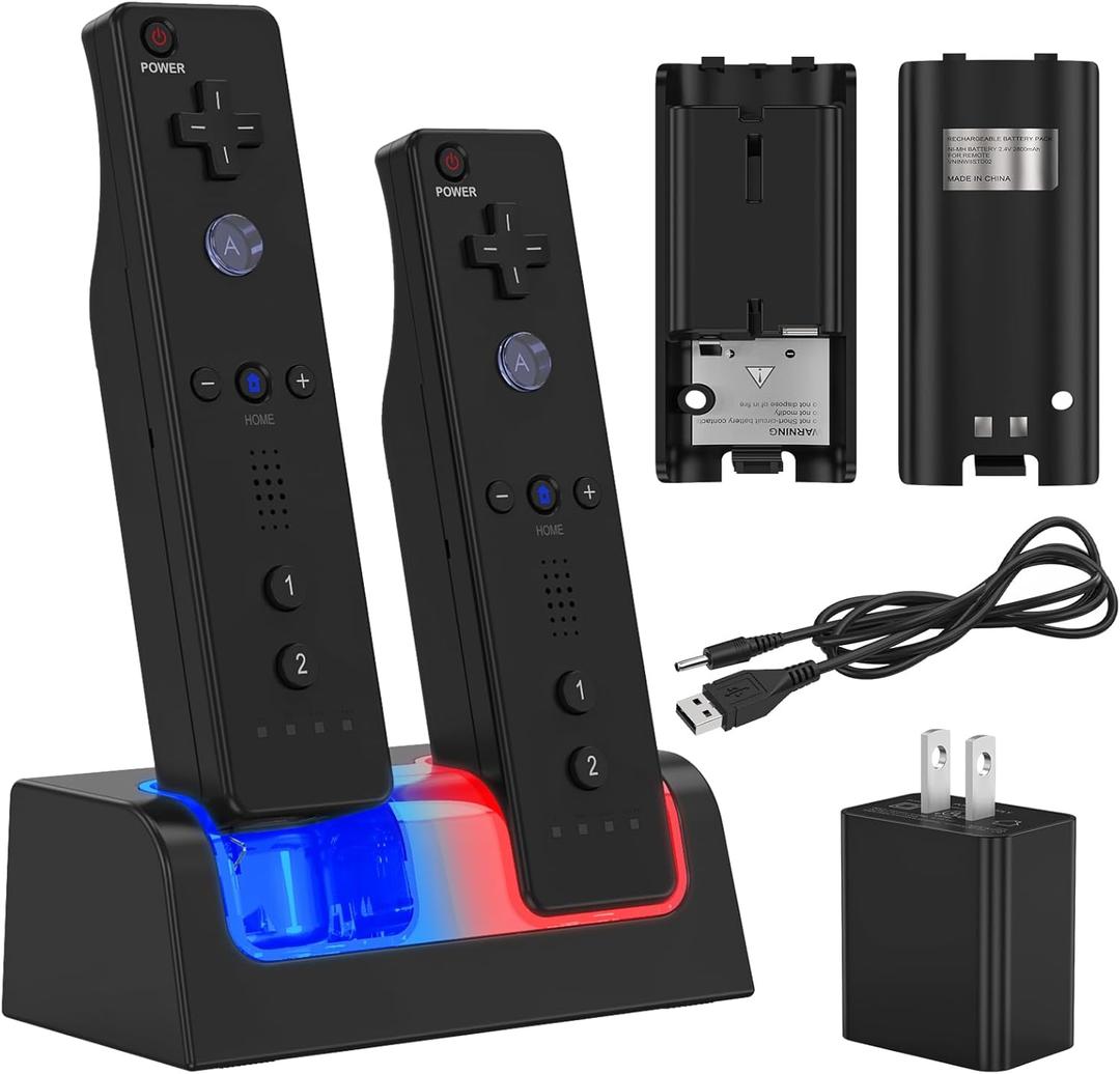 Remote Controller Charger for Wii/Wii U with 2 Pack 2800mAh Rechargeable Battery Pack, 2 Port Charging Station for Wii Controller, Remotes are not Included (5.1 * 2.3 inches, Black)