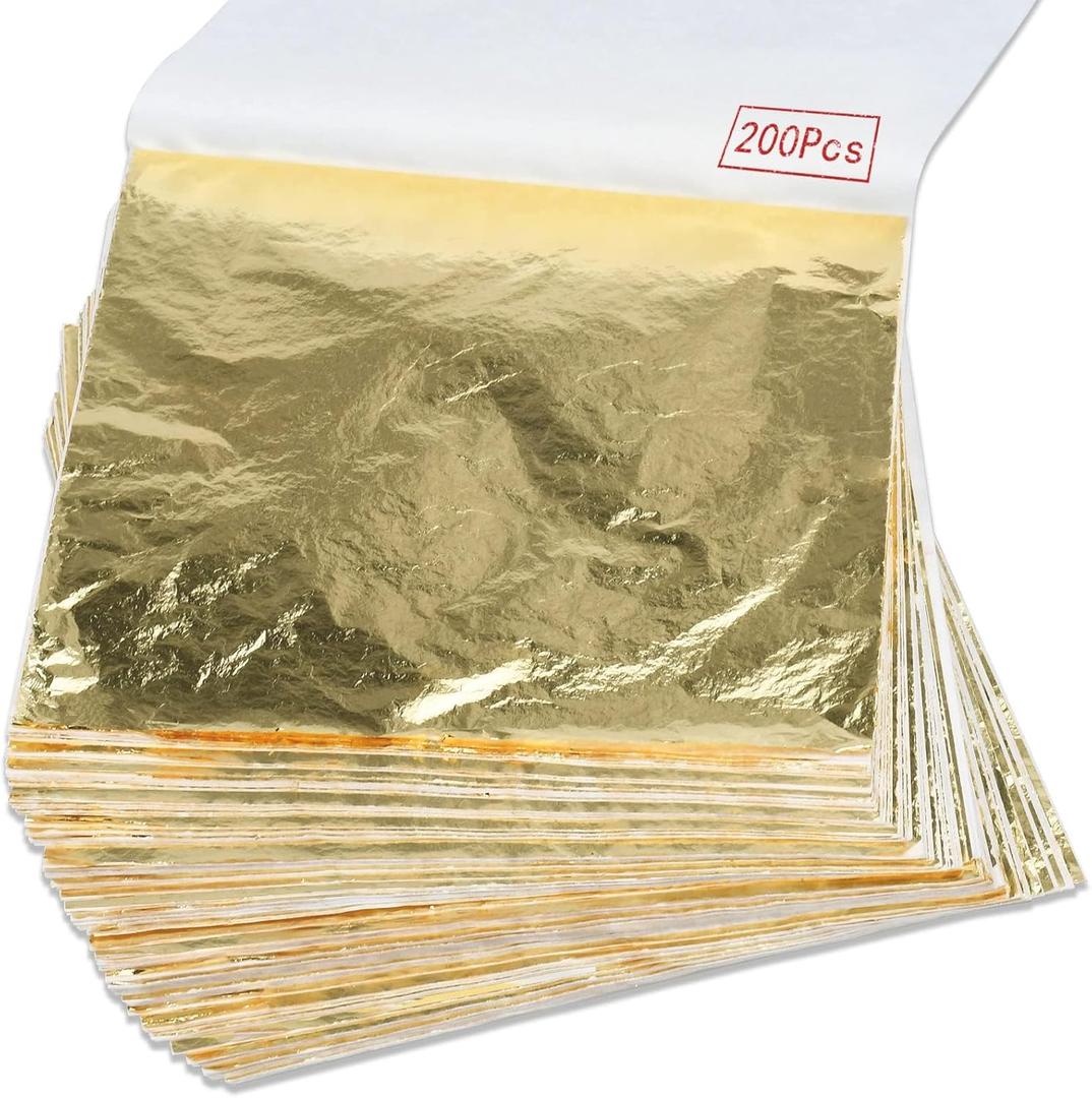200Pcs Gold Leaf Sheets Gold Foil Sheets for Gilding Crafting, Art & DIY Projects, Picture Frames, Home Walls, Interior and Multi Artistic Decoration, Imitation Gold Foil Sheets 5.5" x 5.5"