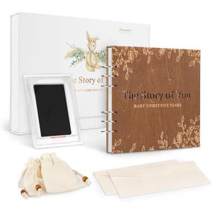 Wooden Keepsake Baby Memory Book Box Boys & Girls, First 5 Years Baby Milestone Book Gender Neutral Journal Memory Scrapbook, Baby Shower Keepsake Gift Set (Included Ink Pad/Keepsake Bags/Envelopes)