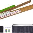 Wooden Mahjong Racks Set with Detachable Magnetic Pushers, 4 Racks & 4 Pushers, Includes Chips, Dice & Storage Bags Mahjong Tile Holders for Family Game Nights