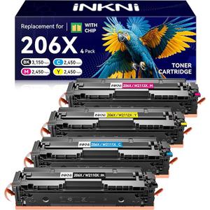 InkNI 206X Toner Cartridges 4 Pack - with Chip Compatible Replacement for HP 206X 206A for Color LaserJet Pro MFP M283fdw M283cdw M283fdn M282nw Pro M255dw M255nw Ink Cartridges W2110X W2110A