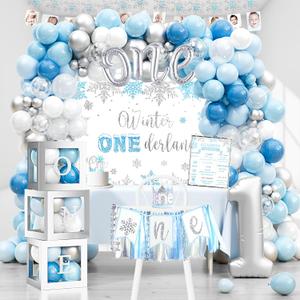 Winter Onederland Birthday Decorations, Winter Onederland 1st Birthday Decoration for Boy, Snowflake Photo Banner Highchair Banner Balloon Garland Balloon Box for WinterWonderland Snowflake Baby First Bday Party