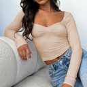 Women Sweetheart Neckline Basic Fitted Tops Long Sleeve Going Out Crop Tops Ruched T Shirts (Brown, M)