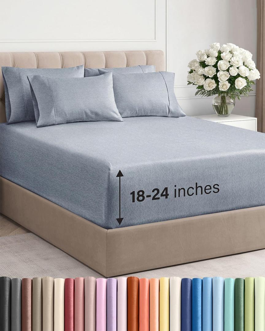 Extra Deep Queen Sheet Set - 6 Piece Breathable and Cooling Sheets - Hotel Luxury Bedding for Women, Men, Kids & Teens - Easy Secure Fit - Soft and Wrinkle Free - Extra Deep Pockets - Heathered Blue