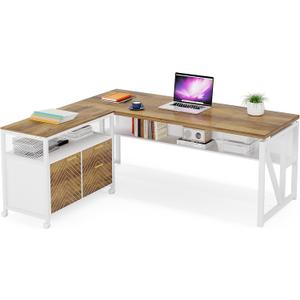 LITTLE TREE 63" L Shaped Executive Computer Desk and Drawer lateral File Cabinet, Walnut