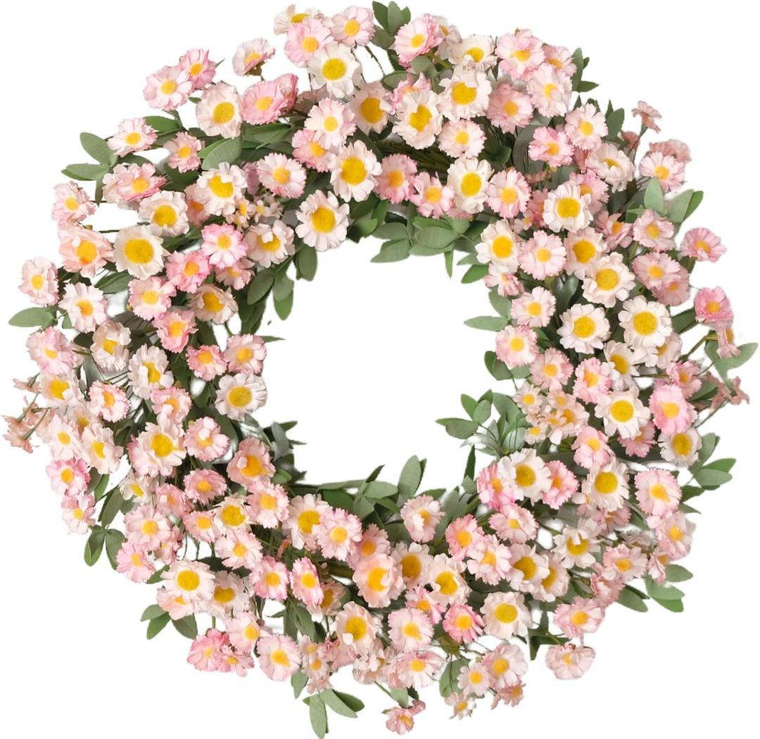 Pink Daisy Spring Wreath for Front Door, 22 Inch Spring Summer Floral Wreath with Eucalyptus Leaves for Wall Window Home Festival Indoor Outdoor Decor
