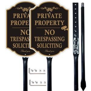 Private Property No Trespassing Signs with 36-inch Metal Stakes, 14 x 10 inches No Soliciting Video Surveillance Warning, Rust Free Aluminum, 2 Pack