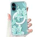 NITITOP Compatible with iPhone 16 Case Clear Magnetic Compatible with MagSafe Cute Lily Flowers Floral for Women Girls Hard PC Back Shockproof Protective Phone Cover - Green