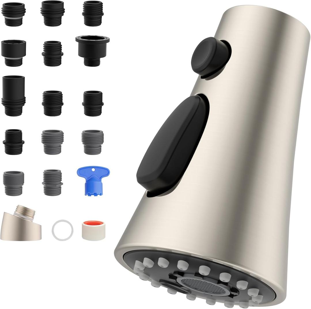 Hibbent Pull Down Spray Head for Kitchen Faucet, Sink Spray Nozzle Replacement with 15 Adapters, Compatible with Moen, American Standard, Delta, Kohler Faucet, Brushed Nickel