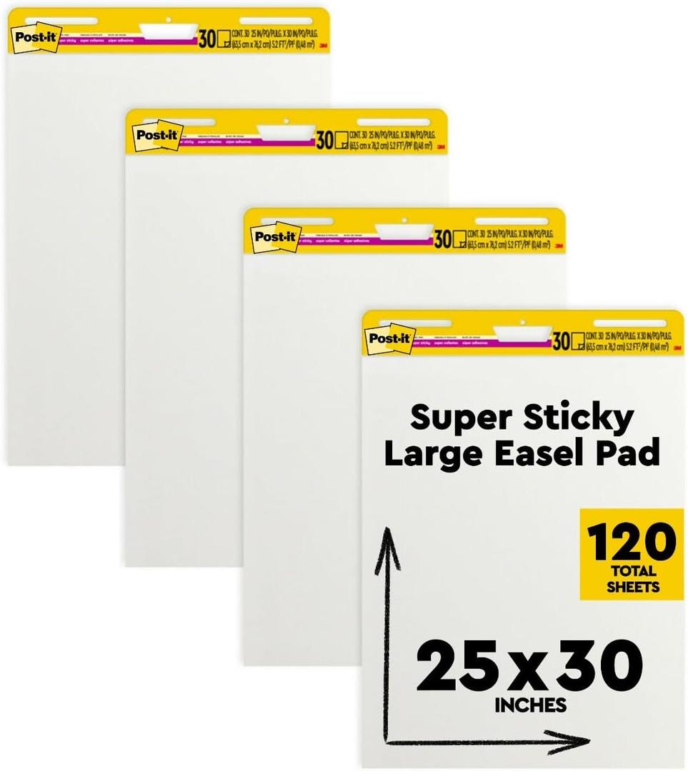 Post-it Super Sticky Easel Pad, 25 in x 30 in, White, 30 Sheets/Pad, 4 Pads/Pack, Great for Virtual Teachers and Students (559 VAD 4PK)