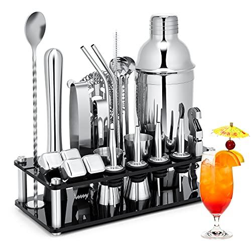 Shaker Set, 23-Piece Stainless Steel Bartender Kit with Acrylic Stand & Cocktail Recipes Booklet, Professional Bar Tools for Drink Mixing, Home, Bar, Party