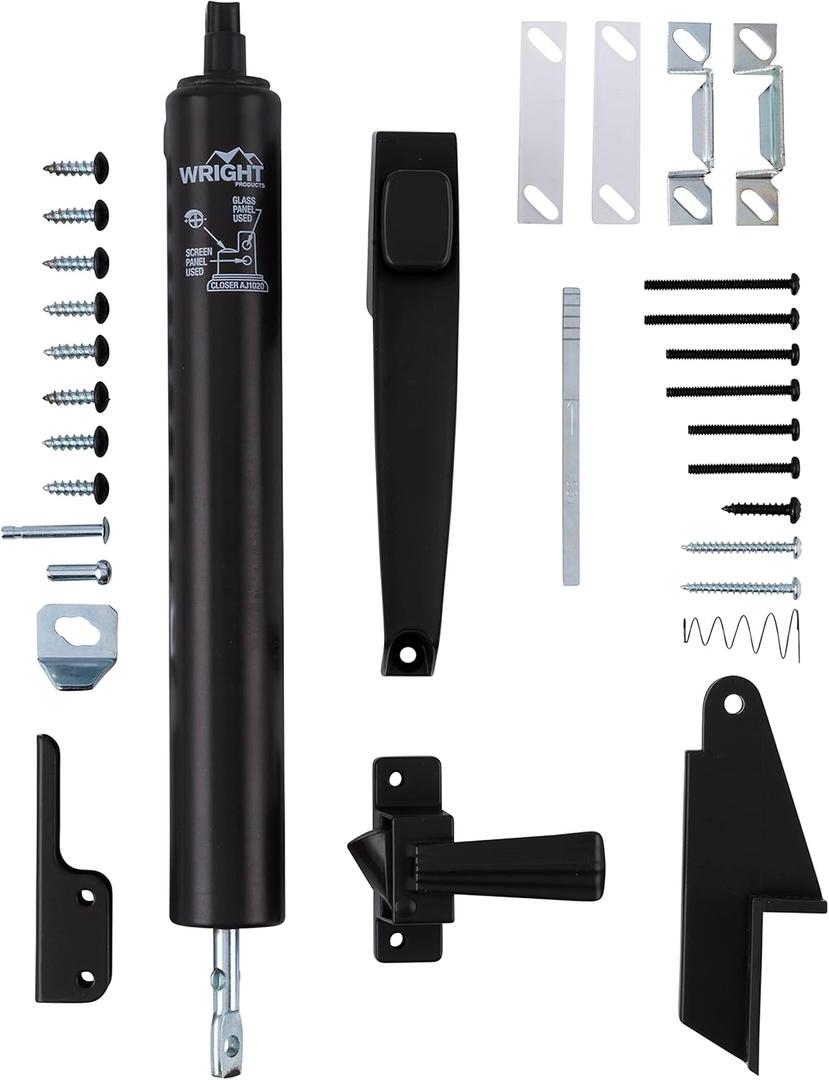 Wright Products Lanai Corrosion Resistant Screen Door Hardware Kit  Pneumatic Closer with Push-Button Latch, No Lock Out, Hold-Open Washer (Transitional, Bronze)
