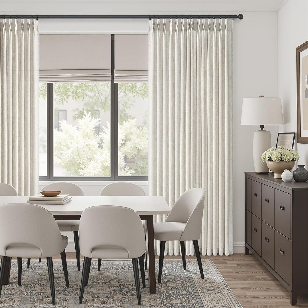 Extra Wide Pinch Pleated Curtains 84 Inches Long for Sliding Glass Door Natural Ivory Thick Linen Textured Light Filtering Semi Sheer Pleat Drapes Hooks Rings for Large Window 1 Panel Cream Ivory
