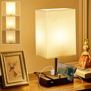 Fully Dimmable Nightstand Lamp for Bedroom with AC Outlet, Table Lamp with Two Phone Stands, Bedside Lamps, Desk Lamp for Bedroom, Living Room, LED Bulb Included White