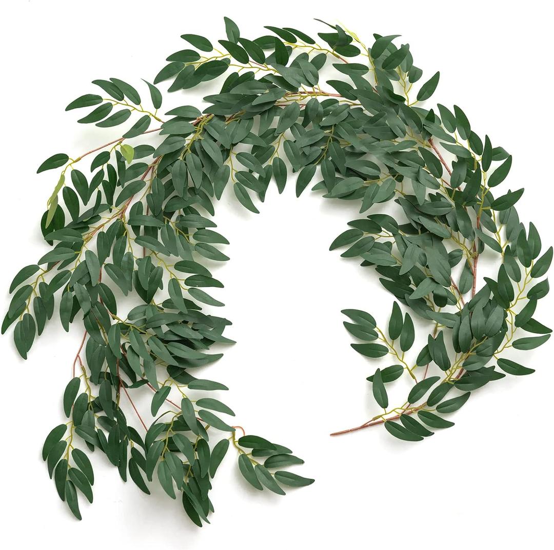 Ling's moment Italian Ruscus Greenery, 5.9ft Artificial Silk Real Touch Willow Leaf Garland, Fake Wispy Rustic Vine Stem Swag for Table Centerpieces Wedding Arch Decor, Dark Green