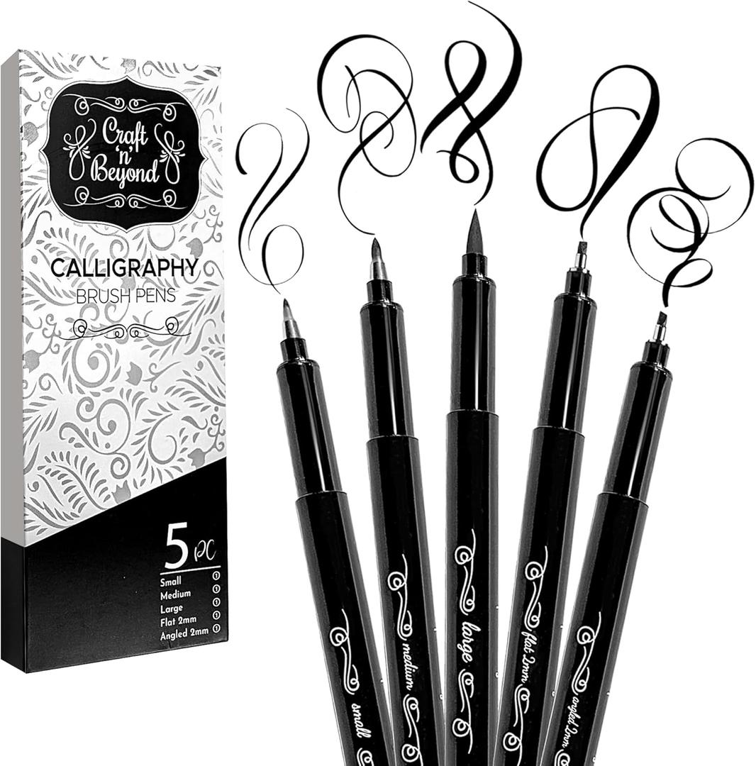 Craft 'n' Beyond Calligraphy Brush Pens Pack of 5 Markers for Hand Lettering, Art Drawing, Sketching, Scrapbooking, Writing, Journaling tip - Beginner Kit with Fadeproof Black Ink
