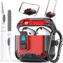 Olytop for Airpods 4 Case with Phone Stand&Lock Clip, Rugged Apple Airpods 4th Generation Cover 2024 Men Women, Armor Shockproof iPod 4 Gen Protective Hard Shell with Carabiner&Cleaner kit, Black/Red