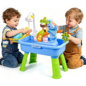 Upgraded Toddler Sand Water Table Toy with Electric Water Pump, Kids Sand Water with Faucet/Play Food Accessories/Fishing Toy, Kitchen Play Sink Toys for Girl Boy Age 3+ (Blue)