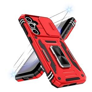 ATUMP for Samsung Galaxy S23 FE Case with [2Pcs] HD Screen Protector & Slide Camera Cover, Rotated Ring Kickstand [Military Grade Shockproof] Protective Case for Galaxy S23 FE 6.4", Red