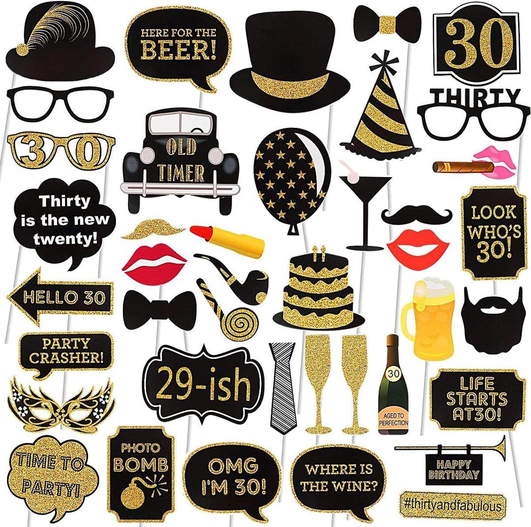 Adult 30th Birthday Photo Booth Props(41Pcs) for Her Him Dirty Thirty 30th Birthday Party, Gold and Red Decorations,30 Birthday Party Supplies for Men Women