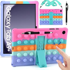 DETUOSI Silicone Case Compatible with Samsung Galaxy Tab A9 Plus 11 inch 2023 (SM-X210/X216/X218), Multi-Viewing Angles, Soft Anti-Stress Cover with Shoulder Strap & Stylus Pen,Dazzling Pink