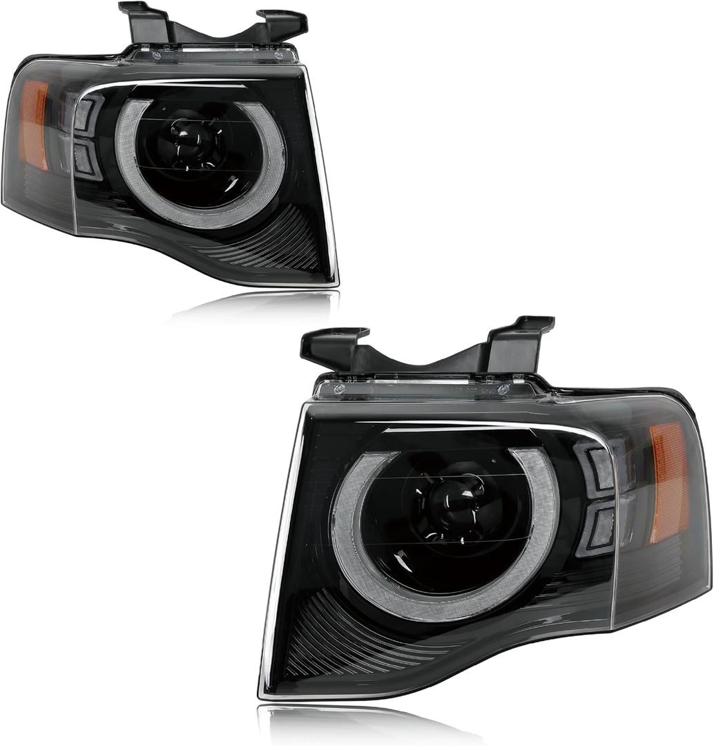 Black LED Halo Headlights Compatible with 2007-2014 Ford Expedition | W/DRL Halo Projector LED Headlight Assembly Front Light Lamp Clear Lens With bulb Left + Right Pair FO2503226