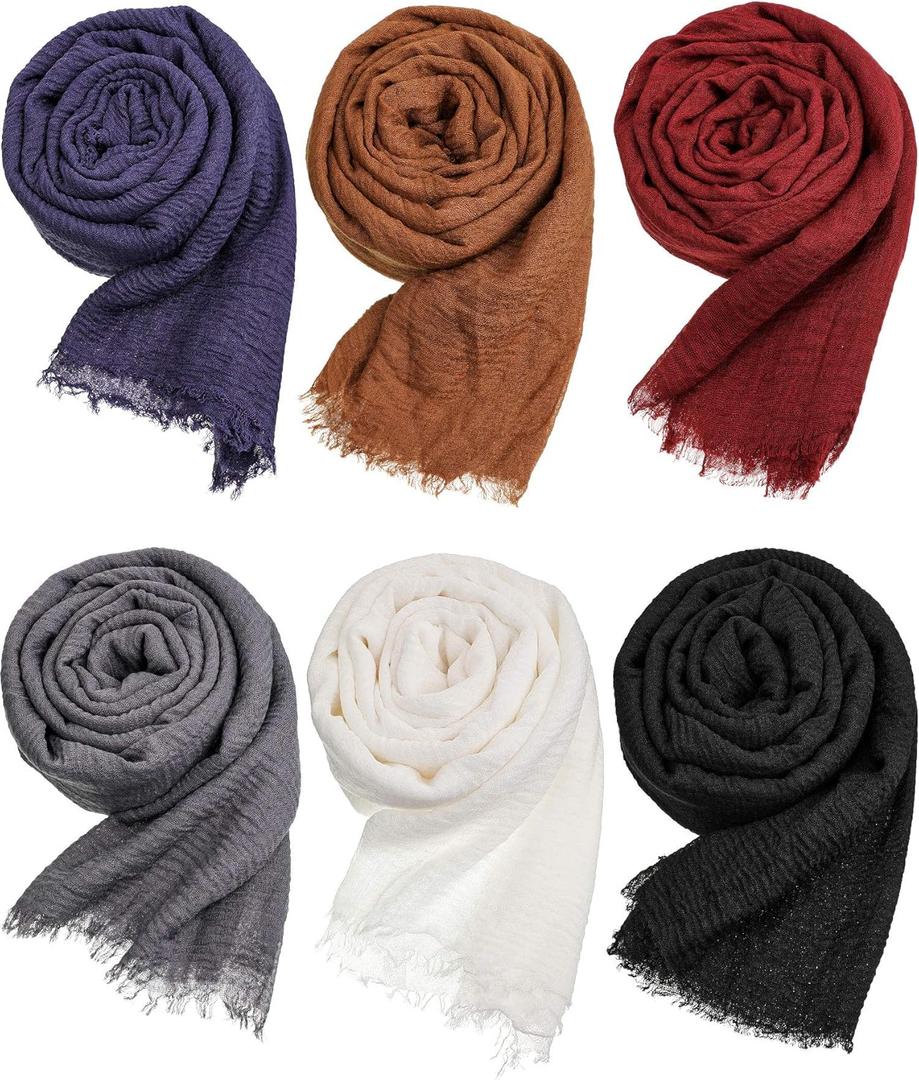 Geyoga 6 Pcs Women Scarf Shawl Hijab Scarfs Cotton Blend Shawl Crinkle Wrap Head for Seasons (Classic Colors)