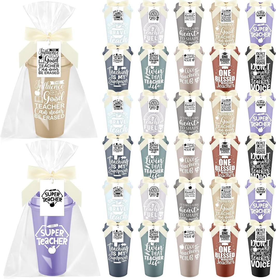 LemonRoad 30 Set Christmas Teacher Appreciation Gifts Bulk 16 oz Teacher Appreciation Coffee Cup with Lid Back to School Gift Thank You Tumbler with Lid Card and Bag(Lovely Style,Dark Colors)