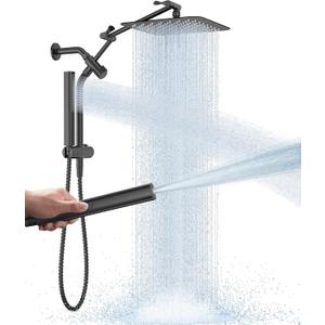 Veken All Metal 10" Black Shower Head with Handheld, Luxurious Square Double Rain Shower Heads with Power Wash Hand Held,Dual High Pressure Detachable Rainfall Showerhead with Arm,Bathroom,Matte Black