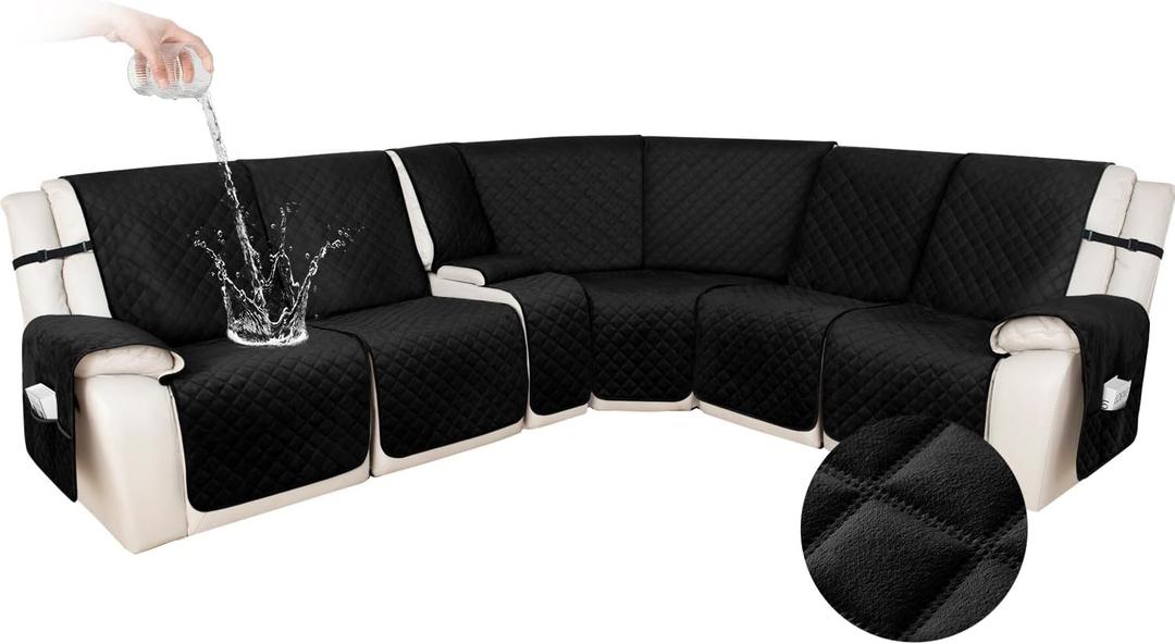 HDCAXKJ 100% Waterproof Velvet Recliner Sectional Couch Covers L Shaped Corner Reclining Sofa Cover Washable Thick Non Slip Sectional Slipcover with Pockets (5 Seat and 1 Middle Console, Black)