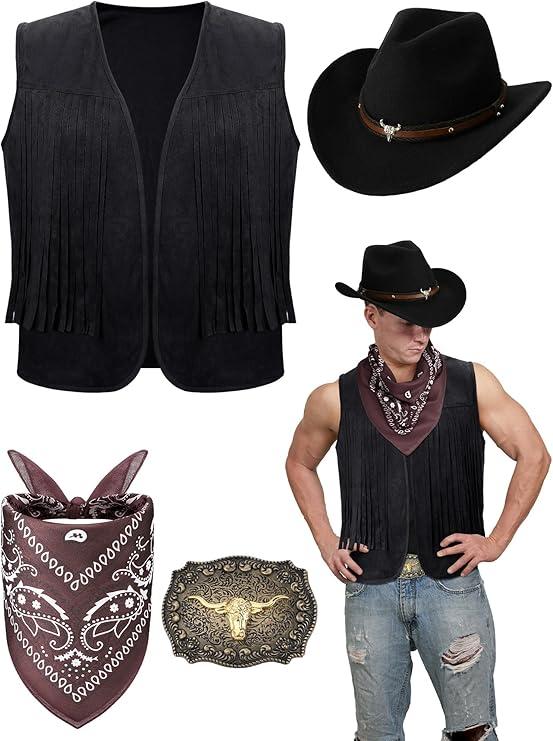 Toulite 4 Pcs Western Outfits for Men Cowboy Tassel Vest Hat Belt Buckle Paisley Bandana for Halloween Cosplay L