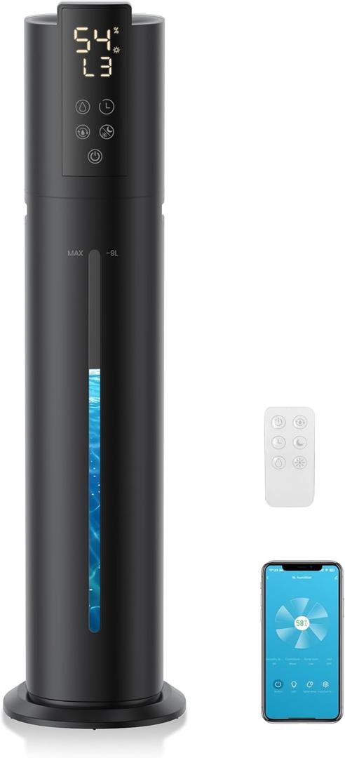 9L/2.38Gal Smart Humidifiers For Large Room,30dB Quiet Whole House Humidifier,Cover Up To 600ft App/Remote Control,Humidifier For Bedroom,Humidifiers With Essential Oil Diffuser,12 H Timer,Black